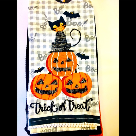 3 Halloween Embroidered Black Cat Kitchen Towels - Picture 1 of 12